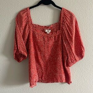 LOFT Red Puff Sleeve Smocked Top